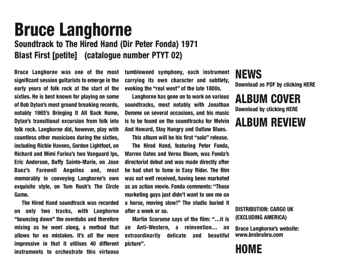 Bruce Langhorne Soundtrack to The Hired Hand (Dir Peter Fonda) 1971Blast First [petite]   (catalogue number PTYT 02)