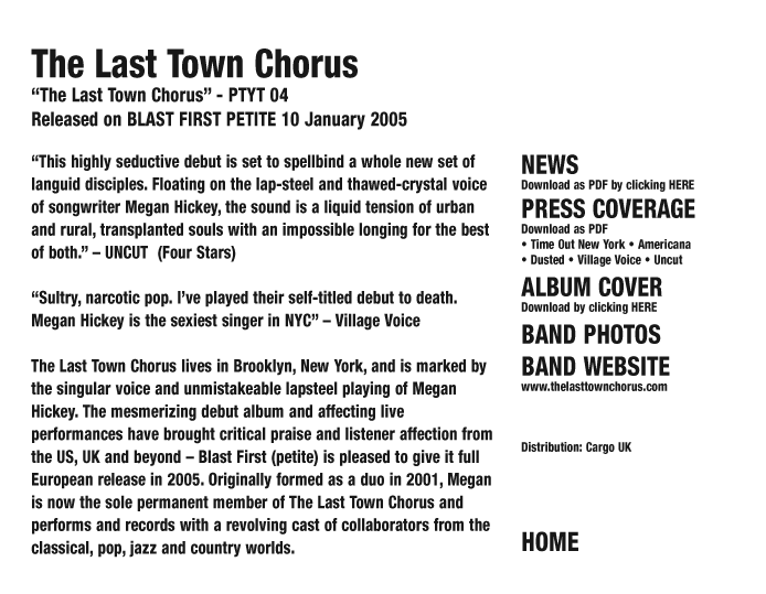 The Last Town ChorusReleased on BLAST FIRST PETITE 10 January 2005